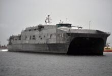 The Military Sealift Command joint high-speed vessel USNS Spearhead (JHSV 1) arrives for a port visit to Naval Station Mayport. Spearhead is scheduled to support future Southern Partnership Station missions in the U.S. 4th Fleet area of responsibility. The new class of high speed vessels are capable of transporting approximately 600 tons of equipment and military personnel 1,200 miles at an average speed of 35 knots. (U.S. Navy photo by Lt. Cmdr. Corey Barker/Released)