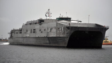 The Military Sealift Command joint high-speed vessel USNS Spearhead (JHSV 1) arrives for a port visit to Naval Station Mayport. Spearhead is scheduled to support future Southern Partnership Station missions in the U.S. 4th Fleet area of responsibility. The new class of high speed vessels are capable of transporting approximately 600 tons of equipment and military personnel 1,200 miles at an average speed of 35 knots. (U.S. Navy photo by Lt. Cmdr. Corey Barker/Released)