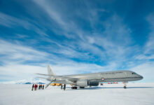 RNZAF Boeing lands at Pegasus Airfield on the Ross Ice Shelf during it's maiden flight to Antarctica.