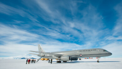 RNZAF Boeing lands at Pegasus Airfield on the Ross Ice Shelf during it's maiden flight to Antarctica.