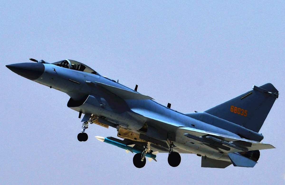 One Chinese J-10C fighter jet suspended in mid-air