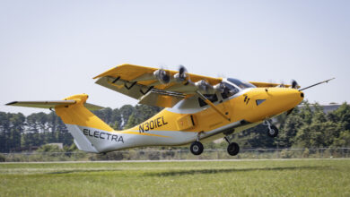 Electra’s Ultra Short technology demonstrator takes off from a grass field during a flight demo at Felker Army Airfield at Joint Base Langley-Eustis in Virginia. Credit: Electra