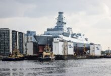 Pictured: Type 26 Frigate HMS Cardiff being moved to Loch Long. HMS Cardiff, the second of the Royal Navys new City Class Type 26 frigates, was loaded onto a giant barge last week. The ship, which weighs almost 7,000 tonnes, sailed down the River Clyde on Friday, August 30 to Loch Long, where she will be lowered into the water for the first time at Glen Mallan. Once HMS Cardiff is in the water, she will make her way back up the Clyde to BAE Systems yard at Scotstoun where the work to fit the warship out will be completed. Currently Scottish shipyards have orders to build 13 Royal Navy frigates, with the Type 31 vessels being built by Babcock at Rosyth on the east coast, and the Type 26 ships being constructed by BAE Systems on the Clyde.