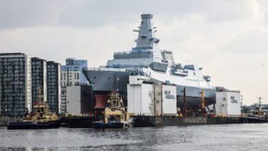 Pictured: Type 26 Frigate HMS Cardiff being moved to Loch Long. HMS Cardiff, the second of the Royal Navys new City Class Type 26 frigates, was loaded onto a giant barge last week. The ship, which weighs almost 7,000 tonnes, sailed down the River Clyde on Friday, August 30 to Loch Long, where she will be lowered into the water for the first time at Glen Mallan. Once HMS Cardiff is in the water, she will make her way back up the Clyde to BAE Systems yard at Scotstoun where the work to fit the warship out will be completed. Currently Scottish shipyards have orders to build 13 Royal Navy frigates, with the Type 31 vessels being built by Babcock at Rosyth on the east coast, and the Type 26 ships being constructed by BAE Systems on the Clyde.