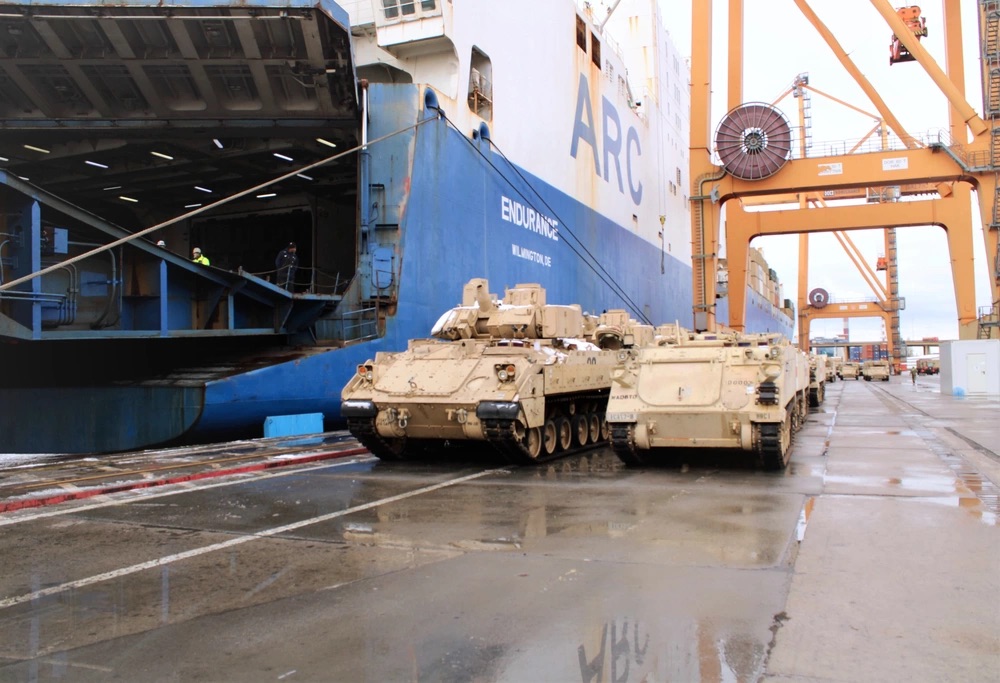 US Navy's Military Sealift Command Europe and Africa working closely with representatives of the US Army's 838th Transportation Battalion to move 3rd Armored Brigade Combat Team, 1st Cavalry Division equipment from Poland to Texas