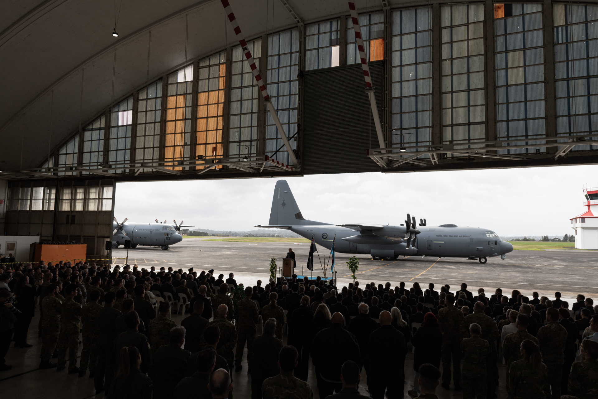 Two C-130J Super Hercules aircraft during a ceremony in Base Auckland. Photo: New Zealand Defence Force