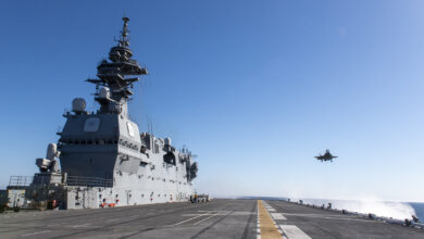 An F-35B lands aboard JS Kaga (DDH-184) off the southern coast of California to begin developmental testing.