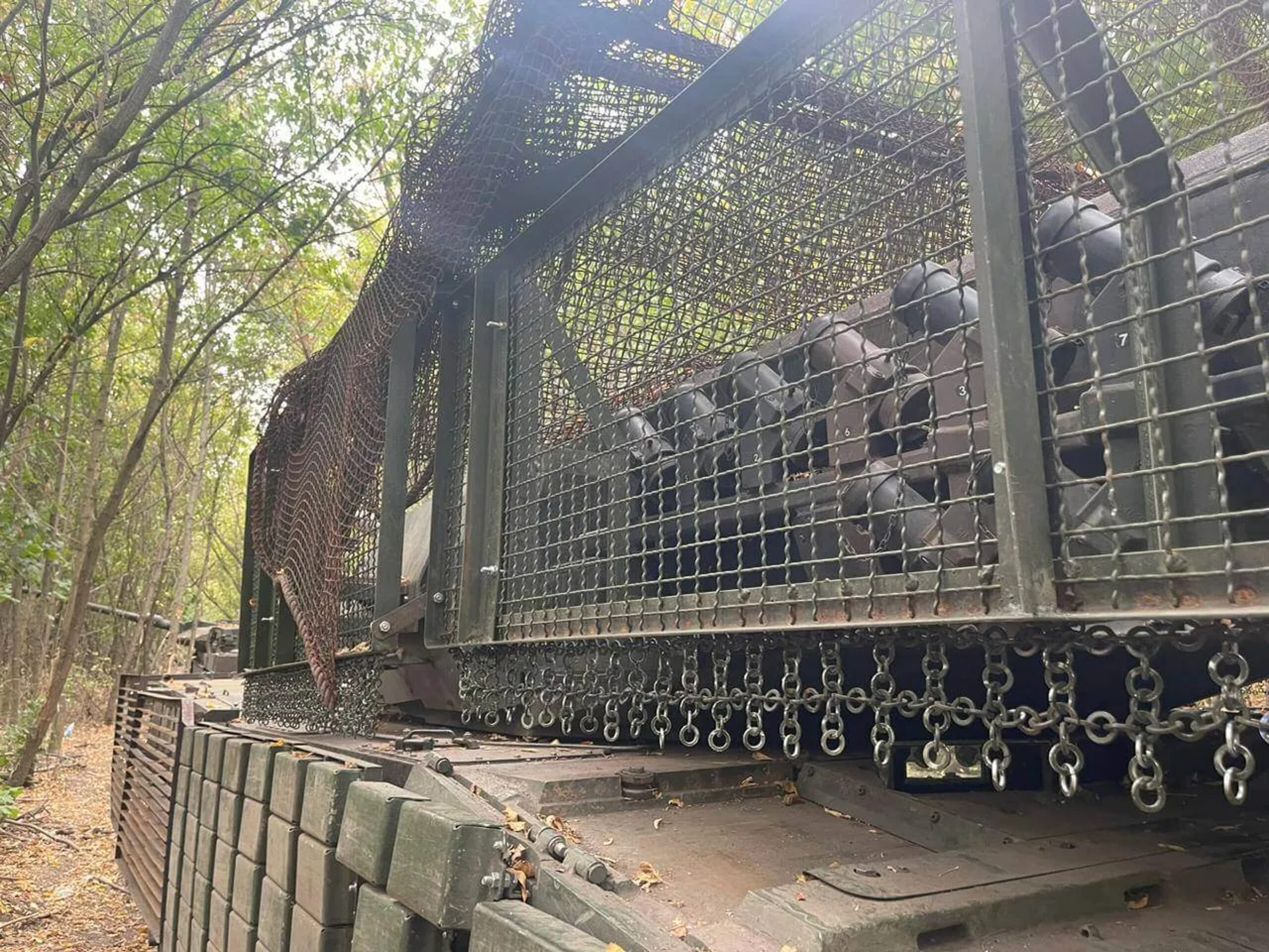 Steel grid screens attached to a Leopard main battle tank