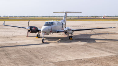 A T-54 multi-engine aircraft sits on the flightline of Naval Air Station (NAS) Corpus Christi, April 18. The arrival of the T-54A heralds a new generation of Naval Aviators who will use the trainer to earn their wings of gold as they prepare to fly such aircraft as the P-8A Poseidon, E-2D Hawkeye, and C-130 Herculese. The T-54A recplaces the T-44C Pegasus, an aircraft that has been in naval service since 1977. (U.S. Navy Photo by Anne Owens/Released)