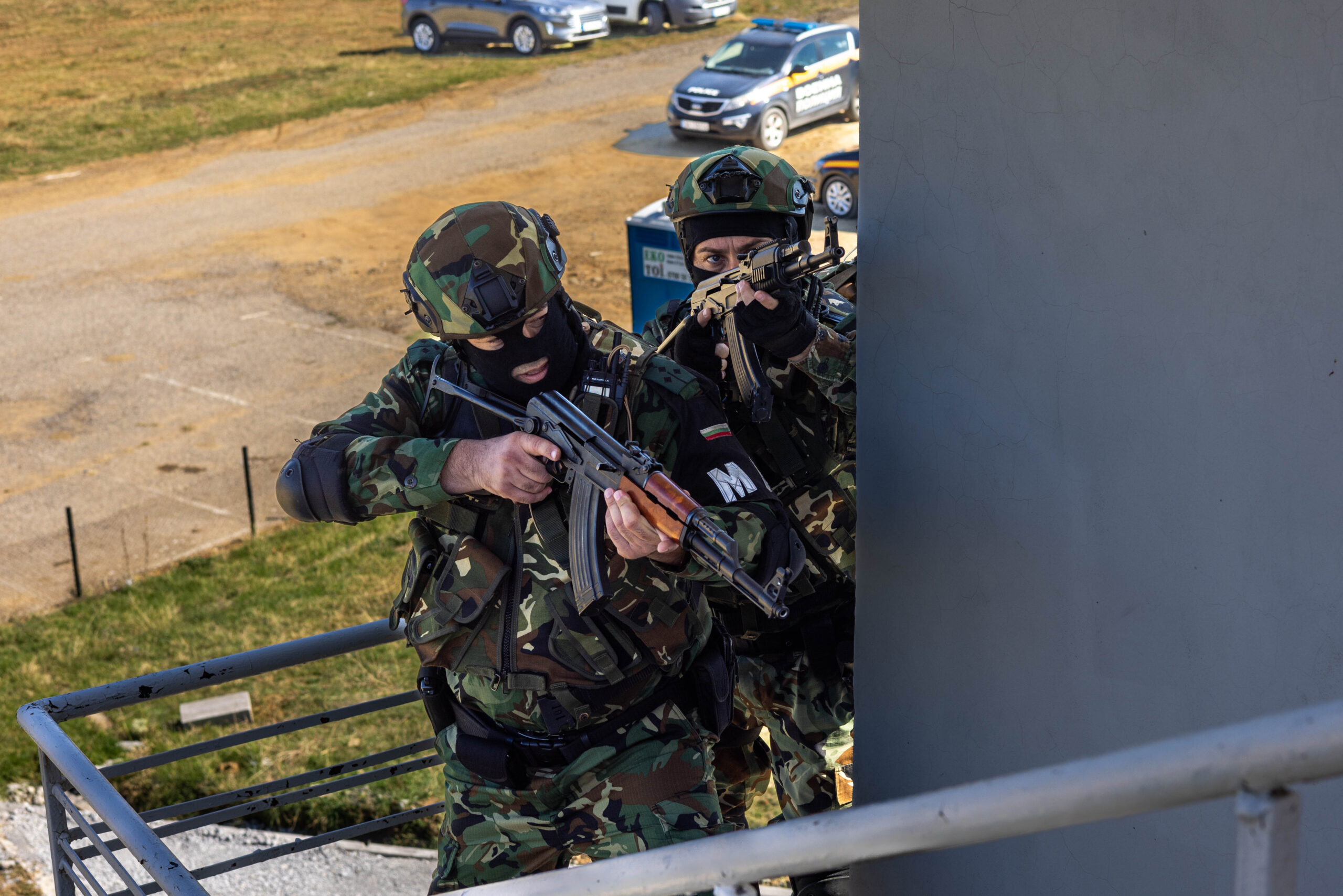 Bulgarian military police perform a building breach during a force protection and active shooter drill for the U.S. Army's 340th Military Police Company at Novo Selo Training Area, Bulgaria, on Sept. 26, 2024. Exercises like this one help strengthen interoperability between the U.S. and Bulgaria. (U.S. Army photo by Spc. Nolan Brewer)