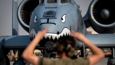 An A-10 Thunderbolt II taxies following its arrival at Al Dhafra Air Base, United Arab Emirates