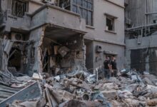 Rubble of a building in the Basta neighborhood following an Israeli strike on a densely populated area in central Beirut