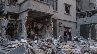 Rubble of a building in the Basta neighborhood following an Israeli strike on a densely populated area in central Beirut