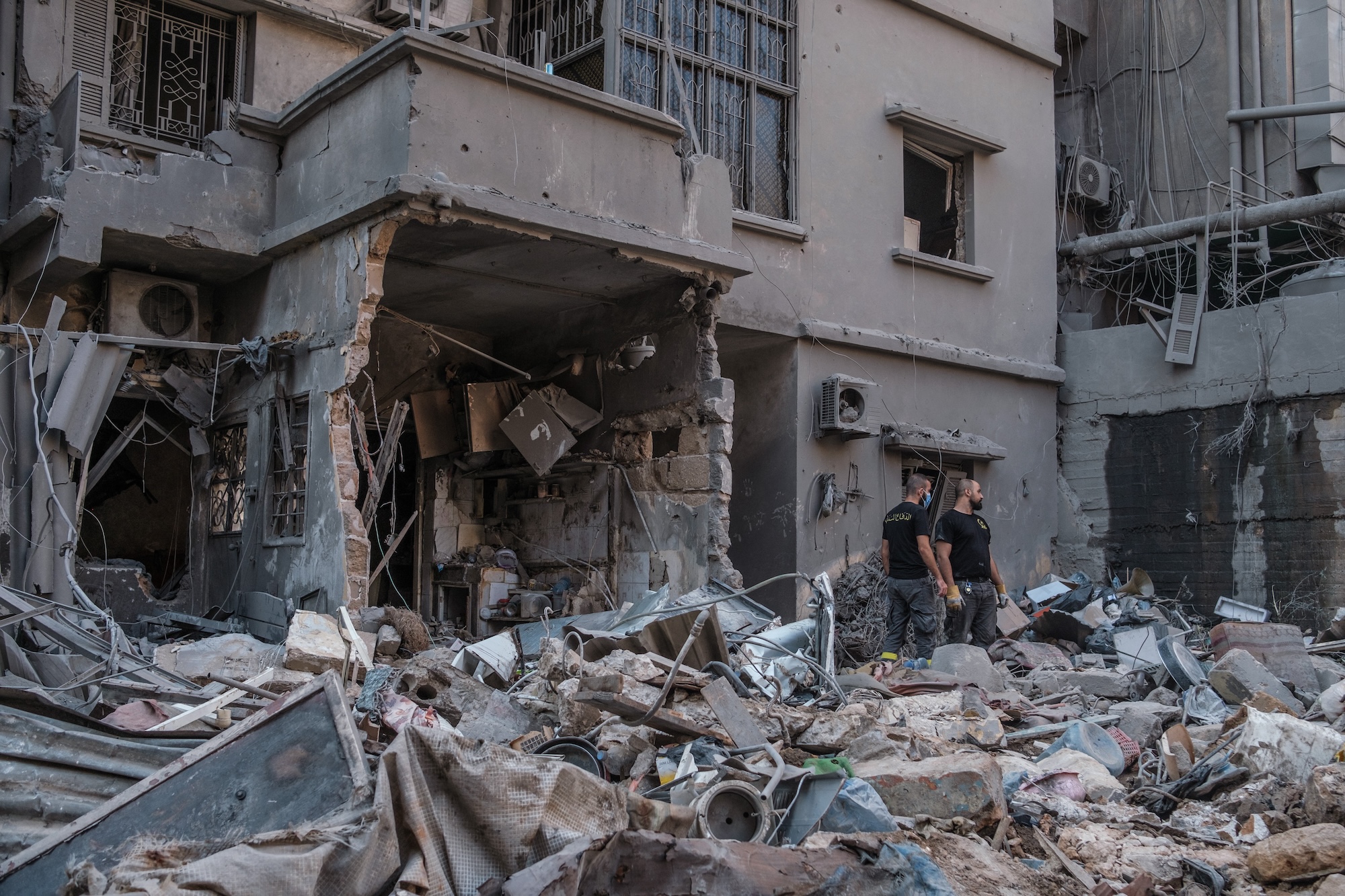 Rubble of a building in the Basta neighborhood following an Israeli strike on a densely populated area in central Beirut