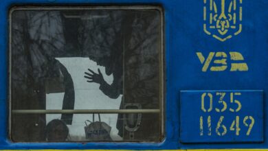 Window of a train in Pokrovsk station during the evacuation of civilians from Donbass