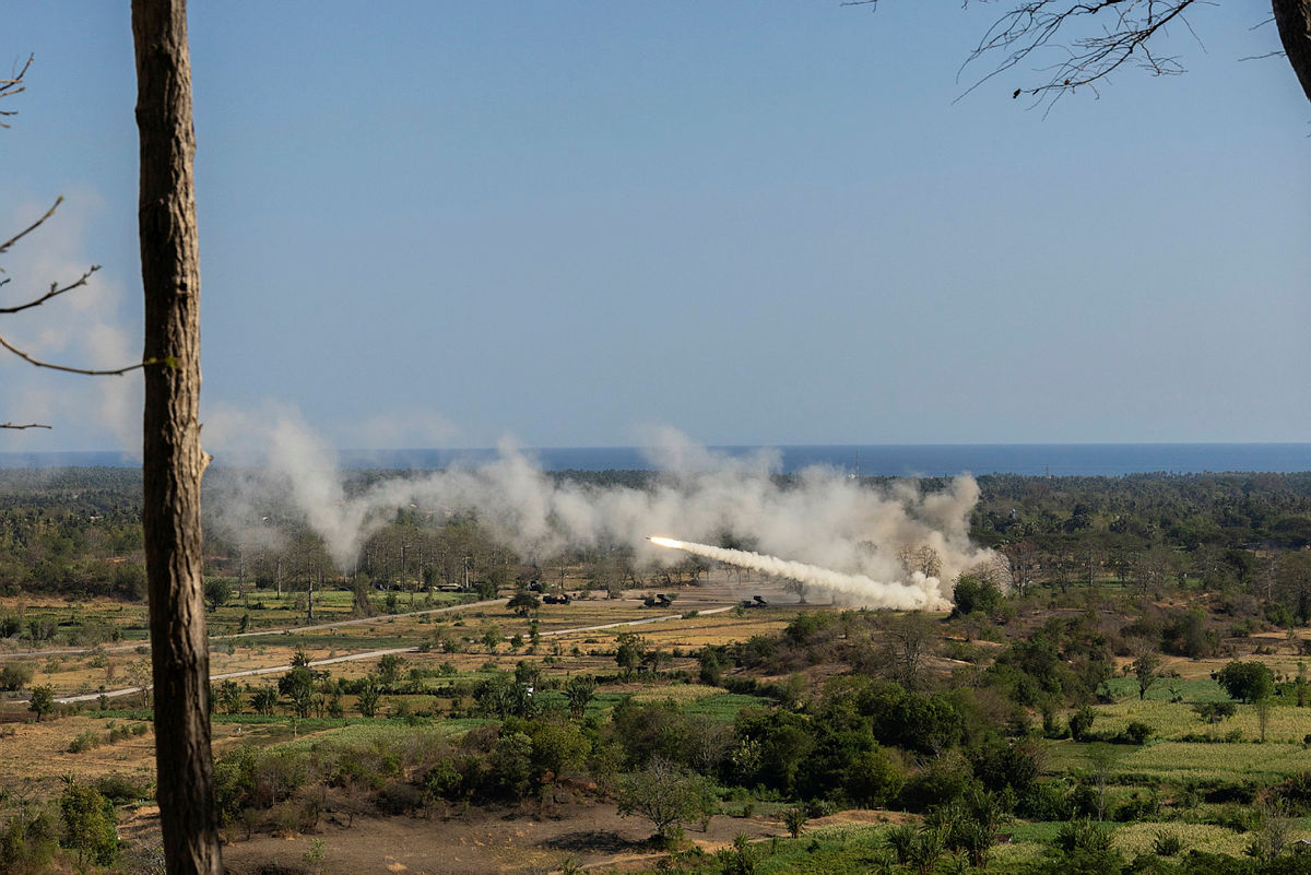 The United States Army launches an M142 HIMARS rocket during the Combined Arms Live Fire Exercise as part of Exercise Super Garuda Shield 2024 in Surabaya, Indonesia