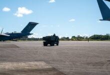 US Army soldiers assigned to the 17th Field Artillery Brigade drive a High Mobility Artillery Rocket System to conduct a High-Intensity Rapid Air Insertion training during Joint Pacific Multinational Readiness Center on Palau, October 11, 2024