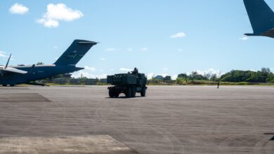 US Army soldiers assigned to the 17th Field Artillery Brigade drive a High Mobility Artillery Rocket System to conduct a High-Intensity Rapid Air Insertion training during Joint Pacific Multinational Readiness Center on Palau, October 11, 2024