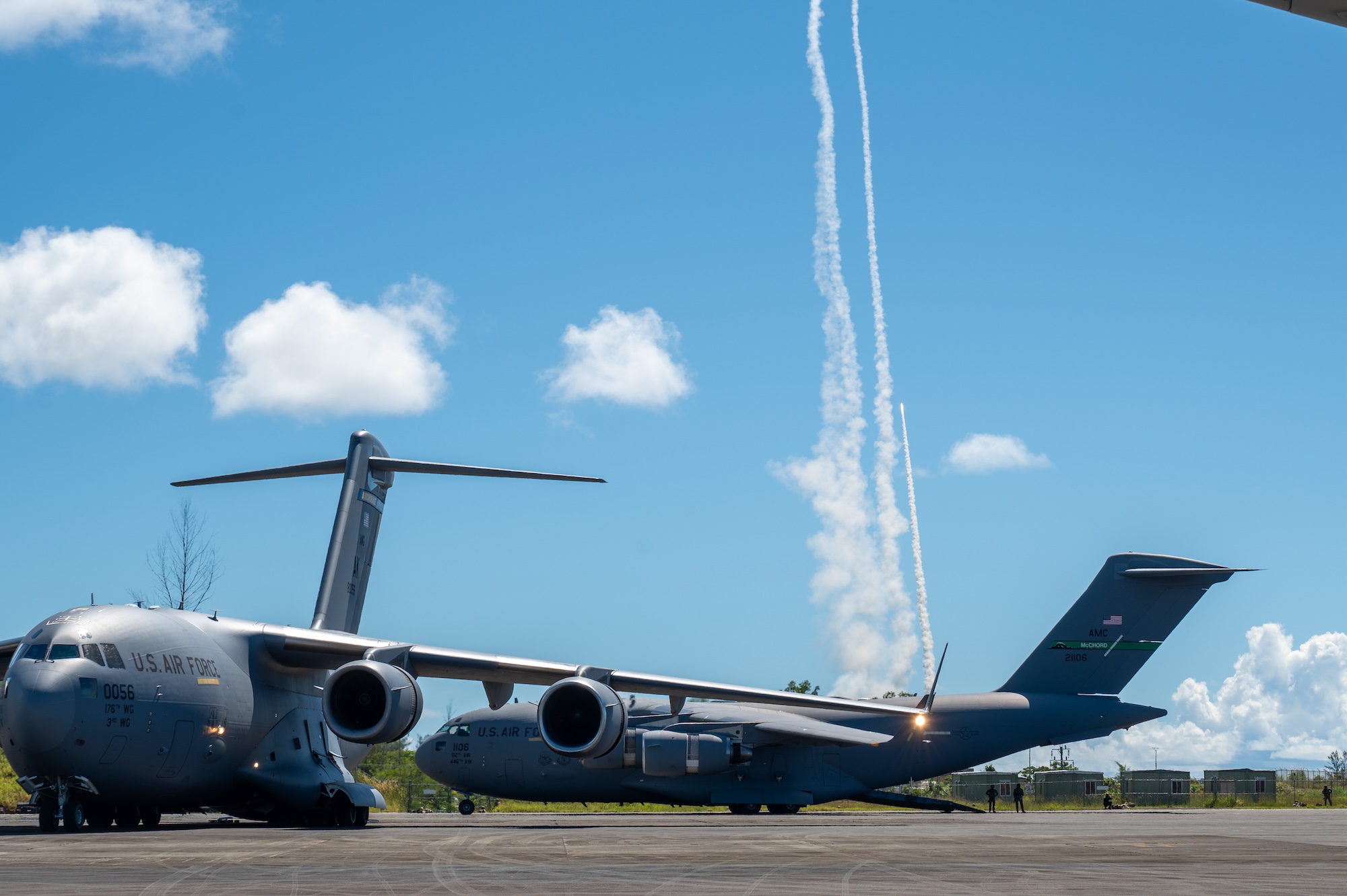 USAir Force C-17 Globemaster IIIs participate in a High-Intensity Rapid Air Insertion exercise during Joint Pacific Multinational Readiness Center 25-01 on Palau