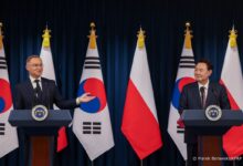 Polish President Andrzej Duda with South Korean President Yoon Suk Yeol in a press conference during Duda's official visit to South Korea