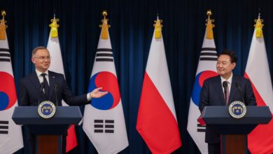 Polish President Andrzej Duda with South Korean President Yoon Suk Yeol in a press conference during Duda's official visit to South Korea