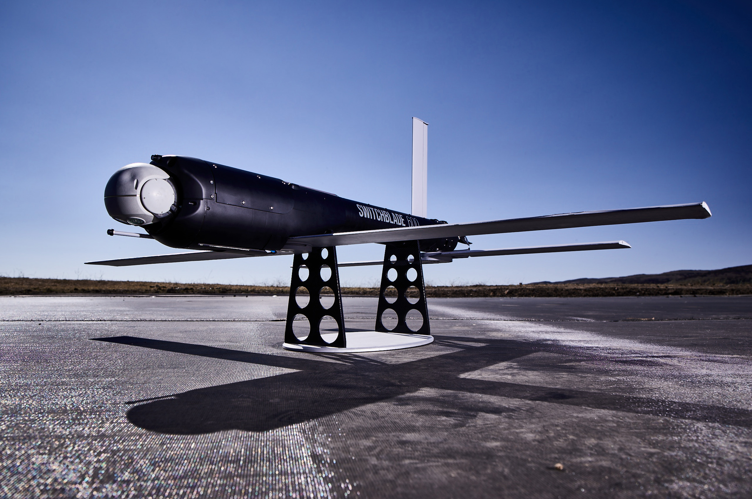 AeroVironment's Switchblade 600 drone in a testing airfield near the company's headquarters, 7/30/24. Copyright © 2024 Ethan Pines.