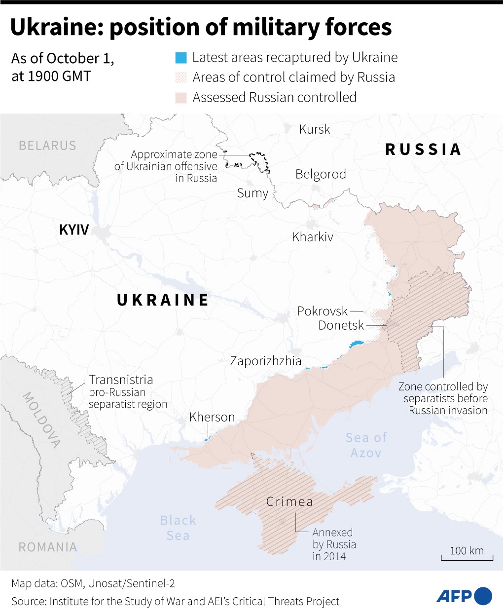 Map of areas controlled by Ukrainian and Russian forces in Ukraine, as of October 1