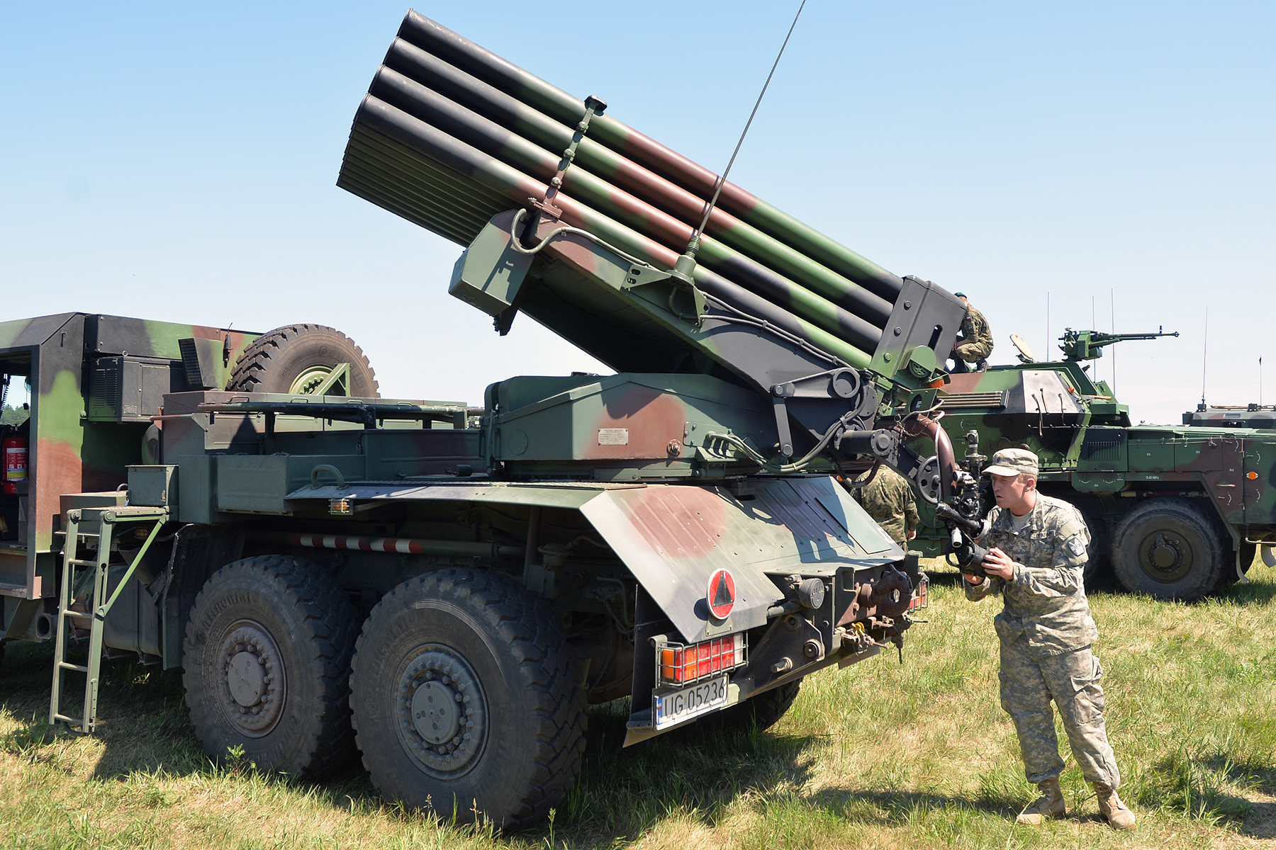 Spc. Martin Fender, assigned to the 5th Battalion, 113th Field Artillery Regiment (High Mobility Artillery Rocket System), North Carolina Army National Guard, aims a 122mm WR-40 Langusta self-propelled multiple rocket launcher with the sighting mechanism at the Jaworze Training Area, Poland, during Exercise Anakonda 16 June 5, 2016. AN16 is a Polish national exercise that seeks to train, exercise, and integrate Polish national command and force structures into an Allied, joint, multinational environment. (U.S. Army National Guard photo by Sgt. 1st Class Robert Jordan, North Carolina National Guard Public Affairs/Released)