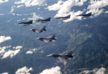 U.S. Air Force F-16 Fighting Falcons assigned to the 79th Expeditionary Fighter Squadron and Colombian Air Force Kfirs fly in formation over Colombia during Exercise Relampago VI, July 27, 2021. Colombian Air Force and United States Air Force aircraft will fly together and against one another in training using NATO standards to promote seamless interoperability. (U.S. Air Force photo by Senior Airman Duncan C. Bevan)