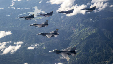 U.S. Air Force F-16 Fighting Falcons assigned to the 79th Expeditionary Fighter Squadron and Colombian Air Force Kfirs fly in formation over Colombia during Exercise Relampago VI, July 27, 2021. Colombian Air Force and United States Air Force aircraft will fly together and against one another in training using NATO standards to promote seamless interoperability. (U.S. Air Force photo by Senior Airman Duncan C. Bevan)