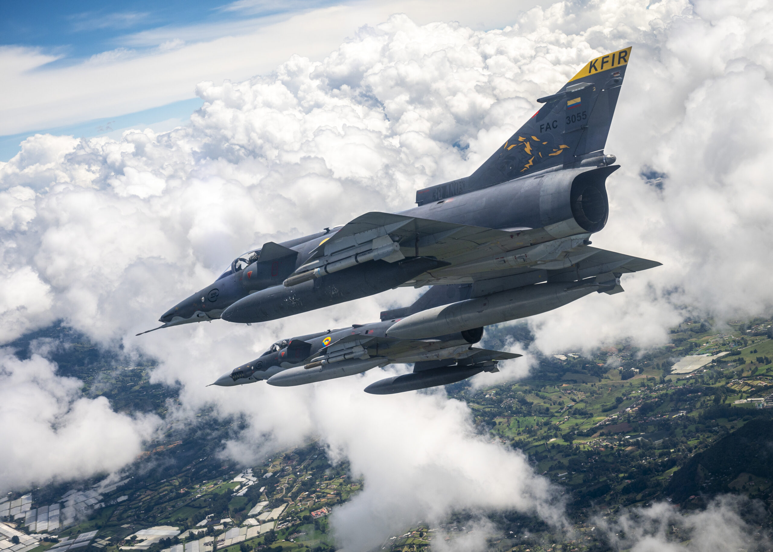 Colombian Air Force Kfirs fly over Colombia during Exercise Relampago VI, July 26, 2021.  Relampago VI is a combined Colombian and U.S. exercise taking place in the U.S. Southern Command (SOUTHCOM) theater that focuses on techniques, tactics and procedures to strengthen the longstanding partnership between our armed forces. (U.S. Air Force photo by Senior Airman Duncan C. Bevan)