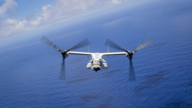 230817-N-TD381-2133 PACIFIC OCEAN (Aug. 17, 2023) A CMV-22B Osprey, assigned to the “Titans” of Fleet Logistics Multi-Mission Squadron (VRM) 30, returns to Nimitz-class aircraft carrier USS Carl Vinson (CVN 70). Vinson, Carrier Strike Group 1’s flagship, is underway conducting routine operations in the U.S. 3rd Fleet area of operations. (U.S. Navy photo by Mass Communication Specialist 3rd Class Isaiah B. Goessl)