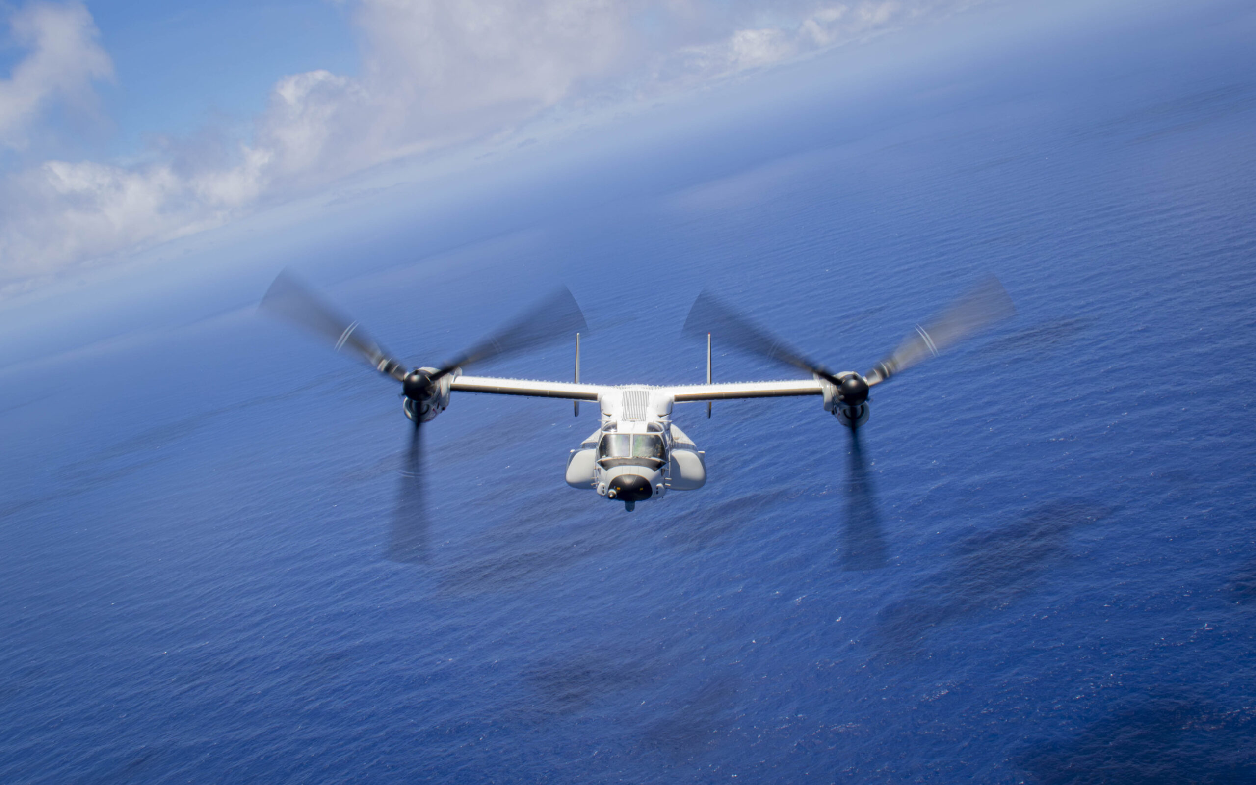 230817-N-TD381-2133 PACIFIC OCEAN (Aug. 17, 2023) A CMV-22B Osprey, assigned to the “Titans” of Fleet Logistics Multi-Mission Squadron (VRM) 30, returns to Nimitz-class aircraft carrier USS Carl Vinson (CVN 70). Vinson, Carrier Strike Group 1’s flagship, is underway conducting routine operations in the U.S. 3rd Fleet area of operations. (U.S. Navy photo by Mass Communication Specialist 3rd Class Isaiah B. Goessl)