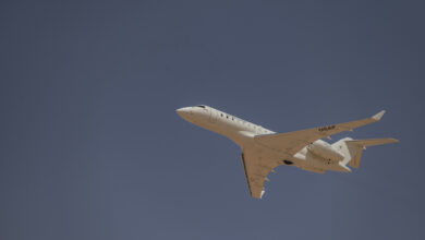 A U.S. Air Force E-11A Aircraft equipped with the Battlefield Airborne Communications Node flies over an undisclosed location within the U.S. Central Command area of responsibility, May 7, 2024. BACN was originally developed to extend communications and data range for military operations in the mountainous terrain near and around Afghanistan. (U.S. Air Force photo)