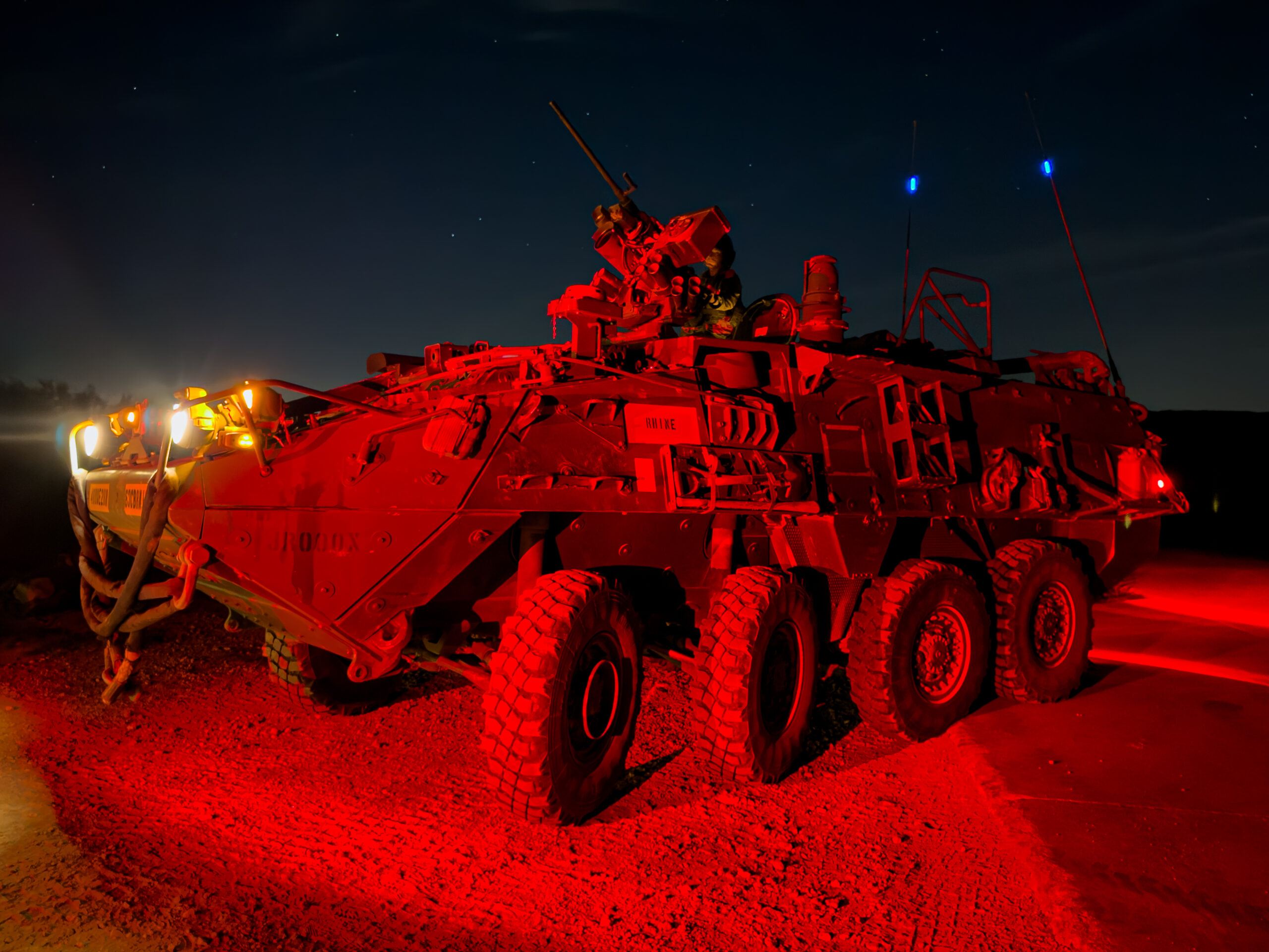 A U.S. Army M1135 CBRN reconnaissance vehicle assigned to the 63rd Chemical Company, 2nd Chemical Battalion, 48th Chemical Brigade is staged at a range during a crew live-fire exercise at Fort Cavazos, Texas, August 1, 2024. The 2nd Chemical Battalion's mission is to discover, encounter, and neutralize chemical, biological, or nuclear threats across the United States and abroad. They hold unique detection capabilities by being one of the only active-duty chemical battalions in the U.S. Army. (U.S. Army photo by Sgt. Alejandro Carrasquel)