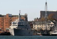 The Freedom-class littoral combat ship USS Nantucket (LCS 27) pulls in beside the USS Constitution in Boston, Mass. Nov. 8, 2024. USS Nantucket will be commissioned Nov. 16. (DoD photo by EJ Hersom)