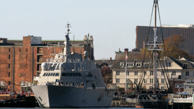 The Freedom-class littoral combat ship USS Nantucket (LCS 27) pulls in beside the USS Constitution in Boston, Mass. Nov. 8, 2024. USS Nantucket will be commissioned Nov. 16. (DoD photo by EJ Hersom)