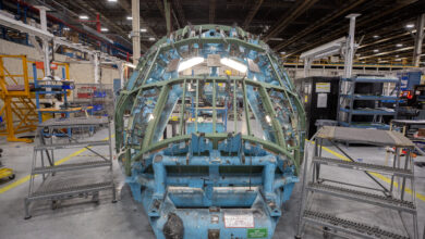 A sneak peak at the first C-130J-30 Super Hercules aircraft being built by Lockheed Martin Corp. for the U.S. Navy’s E-130J program. This aircraft – the first of three – is slated to be delivered to the government in 2026 for modification into an E-130J Engineering Development Model (EMD). The E-130J, formerly called E-XX, will be the successor to the E-6B Mercury for the Take Charge and Move Out (TACAMO) mission, which connects the president, secretary of defense and U.S. Strategic Command with the United States’ nuclear triad. The U.S. Navy’s Airborne Strategic Command, Control and Communications Program Office (PMA-271) is leading the TACAMO Recapitalization Program and is scheduled to award the EMD contract during the first quarter of the 2025 fiscal year. (Photo by David L. Key, Lockheed Martin)