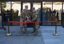 U.S. Space Force Col. Mark Shoemaker, Space Launch Delta 30 commander, and U.S. Space Force Maj. Bryan L. Davis, SLD 30 spaceport innovation chief, participate in a ribbon cutting ceremony for the opening of The Crucible Innovation Lab at Vandenberg Space Force Base, Calif., Nov. 22, 2024. The Crucible is a new innovation center that offers people the tools, resources, and space needed to turn their concepts into a reality. (U.S. Space Force photo by Senior Airman Kadielle Shaw)