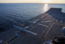 Bayraktar TB3 drone performs take off and landing from the short-runway ship TCG Anadolu.