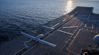 Bayraktar TB3 drone performs take off and landing from the short-runway ship TCG Anadolu.