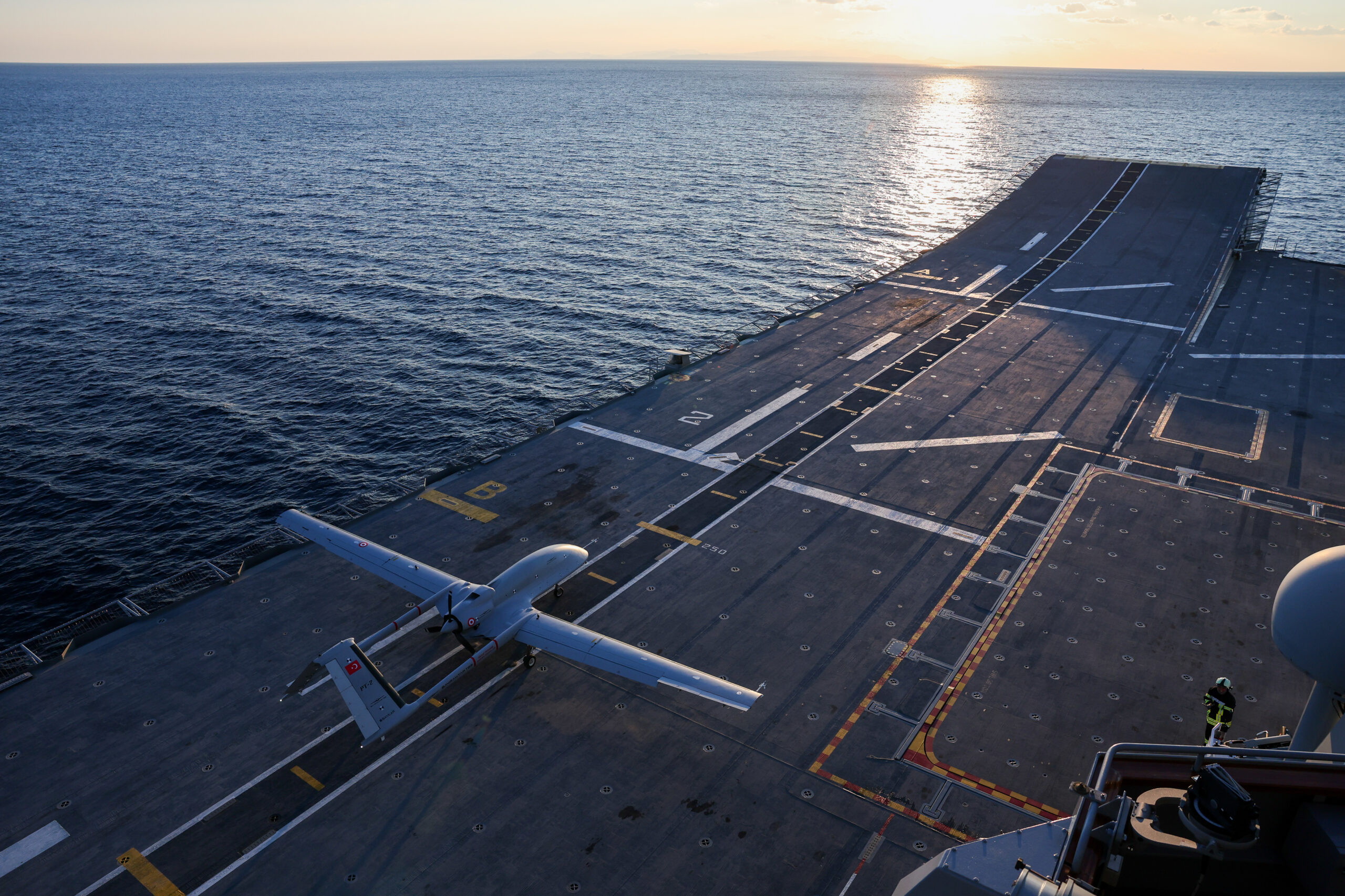 Bayraktar TB3 drone performs take off and landing from the short-runway ship TCG Anadolu.