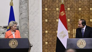 European Commission president Ursula Von der Leyen and Egypt president Abdel Fattah el-Sisi pictured at a diplomatic meeting on Sunday 17 March 2024 in Cairo, Egypt.