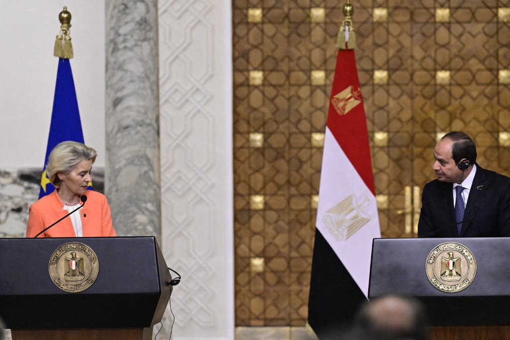 European Commission president Ursula Von der Leyen and Egypt president Abdel Fattah el-Sisi pictured at a diplomatic meeting on Sunday 17 March 2024 in Cairo, Egypt.