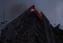 A high-rise in Ukraine burning due to a suspected Russian drone attack