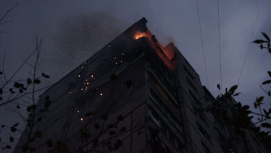 A high-rise in Ukraine burning due to a suspected Russian drone attack