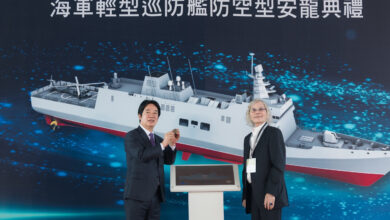 Taiwanese President Lai Ching-te at the keel laying ceremont of the navy's Light Air Defense Frigate