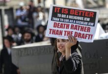 Israeli police officers intervene in Ultra-Orthodox Jews who gather to stage a protest against mandatory military service in West Jerusalem, Israel, on August 21, 2024