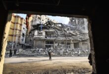 A heavily damaged building in Beirut, Lebanon, hit by an Israeli strike