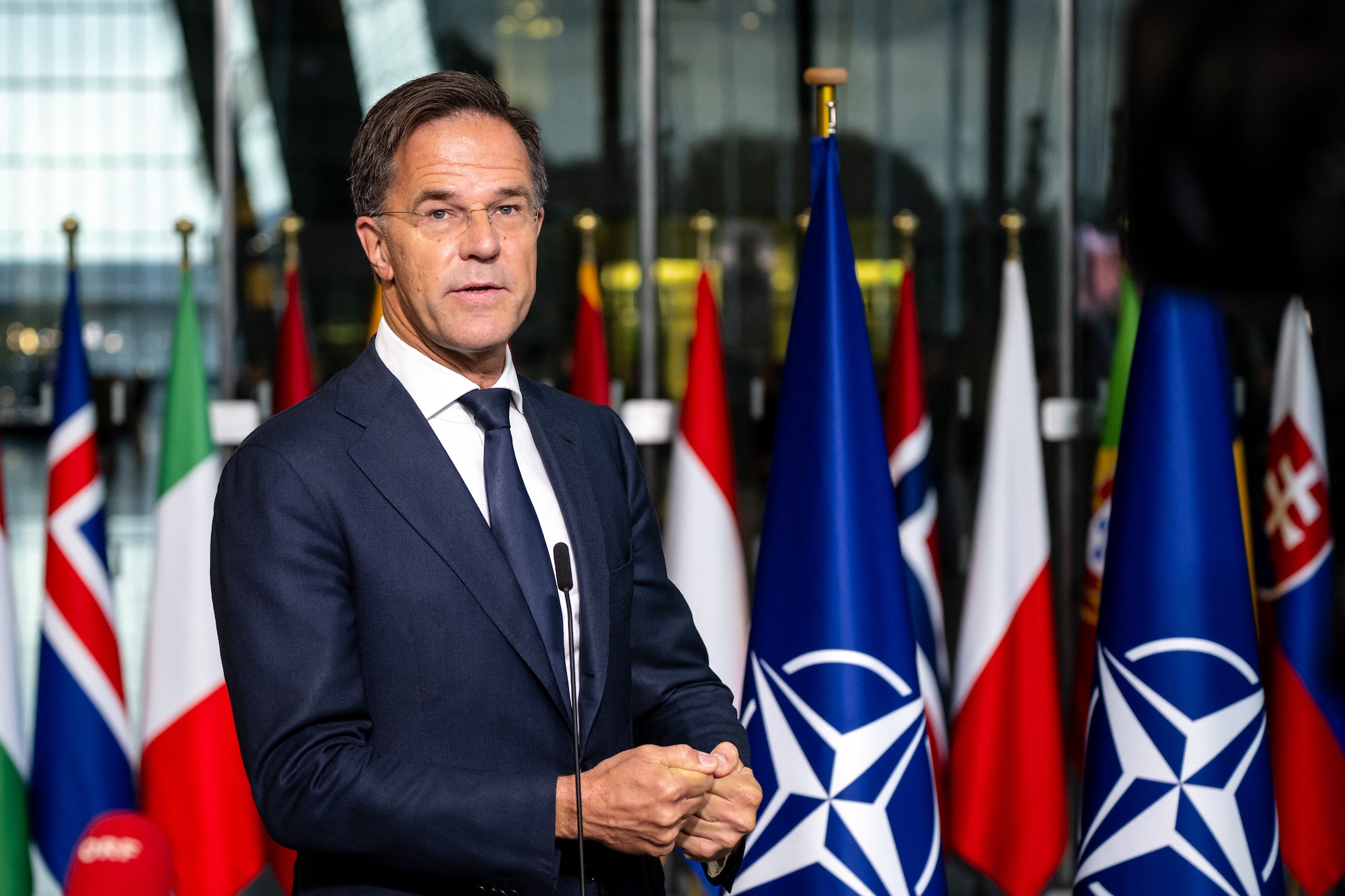 Secretary General of NATO Mark Rutte speaks during a press conference at NATO headquarters in Brussels, Belgium